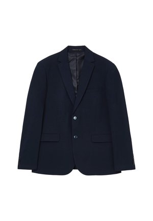 Marineblazer aus strukturiertem Stoff, mit zwei Knöpfen, Reverskragen und Vordertaschen. Glattes Satin-Innenfutter.