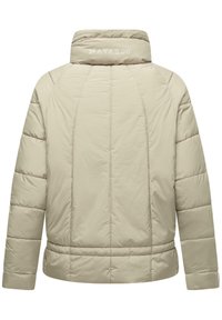 Beige gewatteerde jas met een hoge kraag, voorzien van gestikte panelen en een cinched zoom. Merkennaam "Navajo" in reliëf op de kraag.