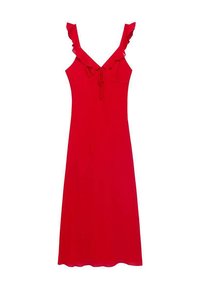 Robe d'été rouge avec une coupe ajustée, des bretelles froncées et un détail de nouage à l'avant ; tissu doux au toucher lisse.