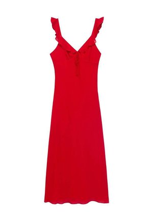 Rotes Sommerkleid mit taillierter Form, gesmokten Schulterträgern und einer Schleifendetail vorne; weicher Stoff mit glatter Textur.