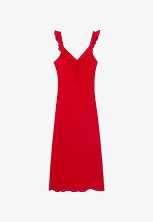 Rode zondress met een getailleerd ontwerp, gerimpelde schouderbanden en een strikdetail aan de voorkant; zachte stof met een gladde textuur.