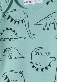 Mint zelena otroška bodi z ilustracijami črnih dinozavrov, vključno s stegosaurusom in triceratopsom, kratkimi rokavi in okroglim ovratnikom.