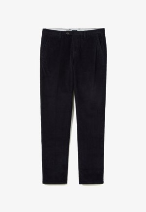 Pantalones de pana azul marino oscuro con corte de pierna recta. Cuentan con bolsillos delanteros, cierre de botón y un acanalado vertical texturizado.