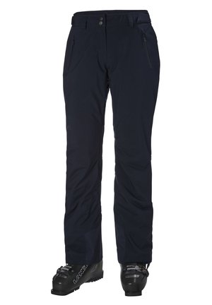 Marine waterdichte skibroek met twee voorkruiden, verstelbare taille en gladde stof; compatibel met skischoenen.