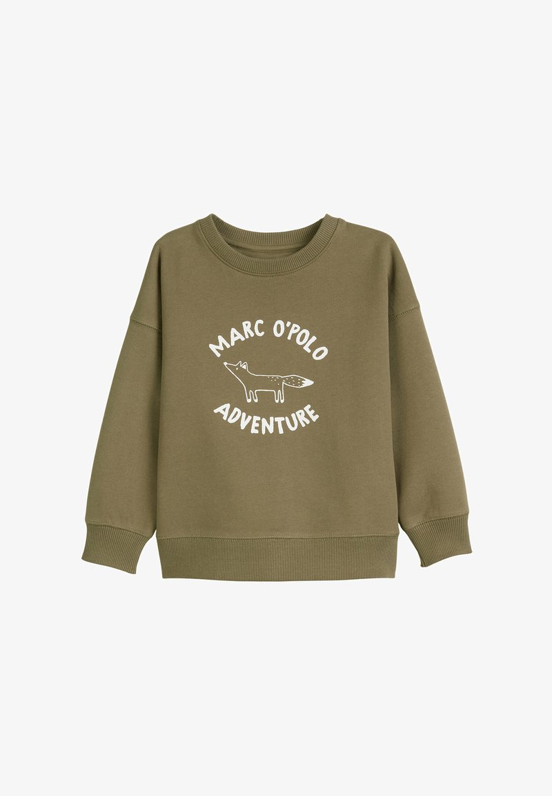 Sweatshirt verde oliva in cotone, con colletto a girocollo, polsini a coste e una grafica stampata bianca di una volpe con il testo "Marc O'Polo Adventure."