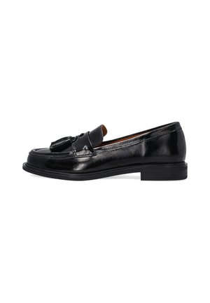 Black leather loafers with a smooth finish, featuring a decorative tassel on the vamp and a low rubber sole for comfort.