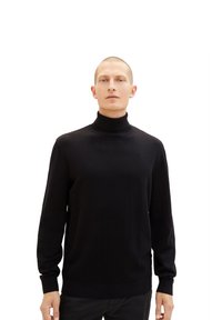 Schwarzer Rollkragenpullover aus weichem Stoff, mit langen Ärmeln und gerippten Bündchen. Glatte Textur mit einem einfachen, klassischen Design.