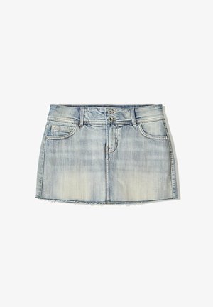 Denim mini skirt in light blue with a faded wash, frayed hem, dual front buttons, and two front pockets.