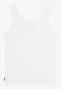 Top a costine bianco con scollo rotondo e spalline larghe. Presenta un orlo dritto e una piccola etichetta con il marchio sul lato.