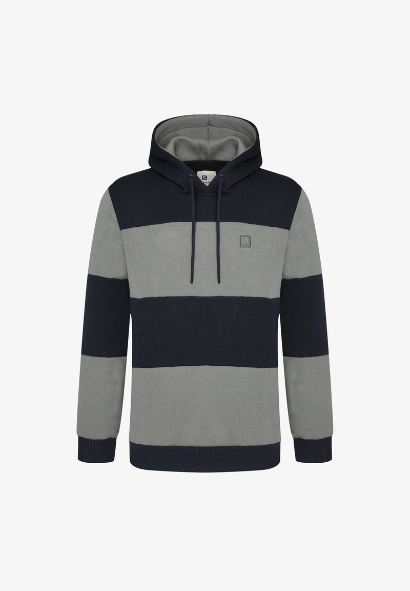 Felpa con cappuccio caratterizzata da strisce orizzontali in grigio scuro e blu navy. Realizzata in tessuto morbido con un'apertura della testa ampia e coulisse regolabili.