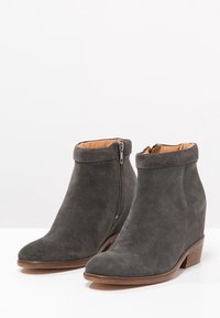 Graue Wildleder-Ankleboots mit einem leicht keilförmigen Absatz. Sie verfügen über einen seitlichen Reißverschluss, eine abgerundete Spitze und ein tanfarbenes Innenfutter. Glatte Textur mit minimalistischem Design.