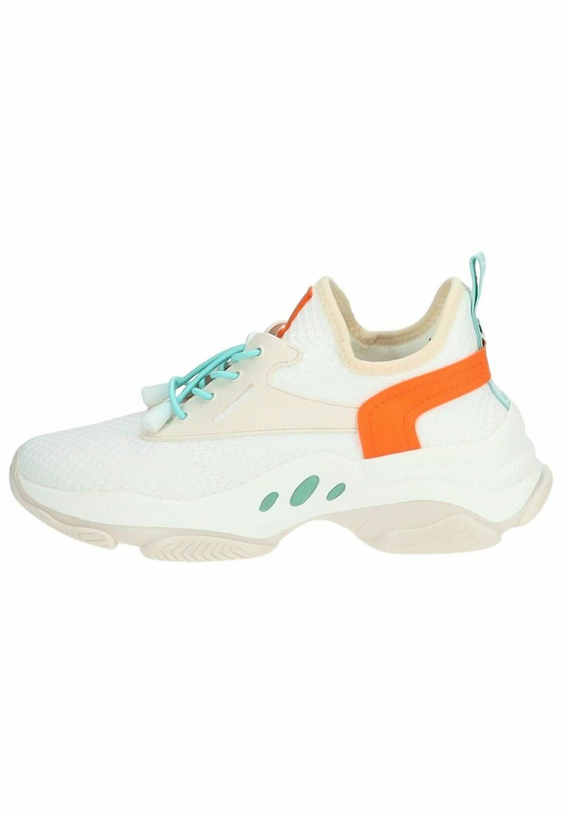 Weiße Mesh-Sneaker mit türkisfarbenen Schnürsenkeln, beigen Akzenten und oranger Fersenschlaufe. Verfügt über einen strukturierten Schaft und ein markantes Sohlen-Design.