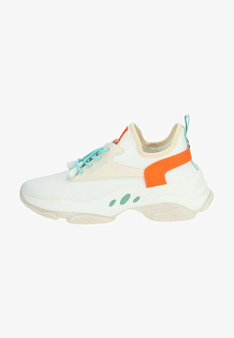 White mesh sneaker with turquoise laces, beige accents, and orange heel tab. Features textured upper and distinctive sole design.