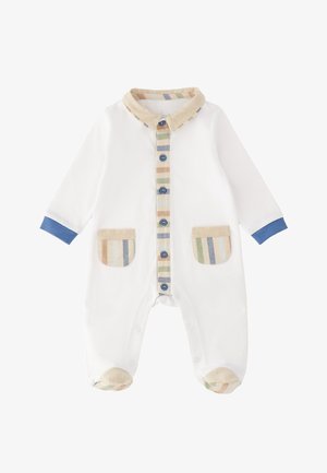 Body blanc pour bébé avec boutons bleus sur le devant, col rayé, poches assorties, poignets bleus aux manches et couvre-pieds rayés.