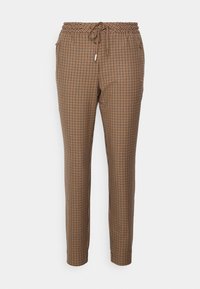 Pantalon marron à carreaux avec une taille élastique et un cordon de serrage ajustable, doté de poches latérales et de jambes fuselées.