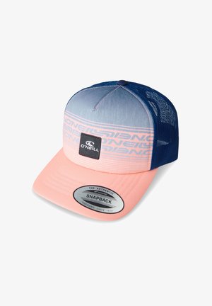 Gorra snapback con parte frontal rosa, laterales de malla azul y parte superior gris. Cuenta con un parche de logo negro y una etiqueta plateada que dice "The Authentic Snapback".