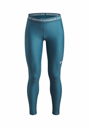 Turkusowe, sportowe legginsy na całej długości z logo Under Armour na lewym udzie i markowanym paskiem w kontrastowym kolorze.