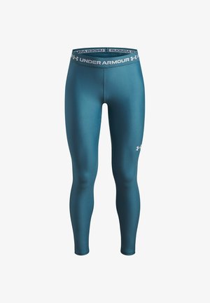 Leggings de sport bleu sarcelle longueur intégrale avec logo Under Armour sur la cuisse gauche et ceinture de marque de couleur contrastante.