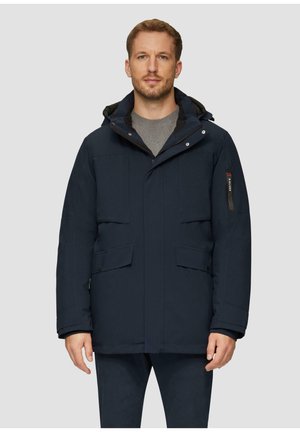 Parka bleu marine avec capuche, dotée de plusieurs poches, d'une fermeture éclair à l'avant et de fermetures à pression, fabriquée dans un matériau doux et texturé.