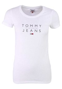 White cotton t-shirt with short sleeves, a V-neck, and printed logo "TOMMY JEANS" in black and red across the front.