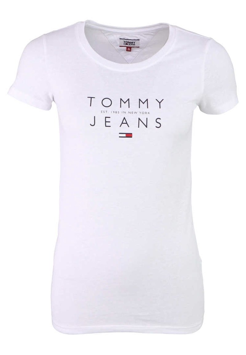 White cotton t-shirt with short sleeves, a V-neck, and printed logo "TOMMY JEANS" in black and red across the front.