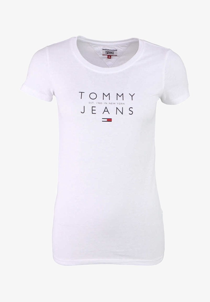 White cotton t-shirt with short sleeves, a V-neck, and printed logo "TOMMY JEANS" in black and red across the front.