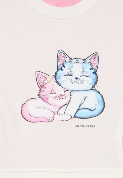 Weißes Sweatshirt mit einem Grafikmuster von zwei Cartoon-Katzen, eine rosa und eine blaue, verziert mit Strasssteinen, die aneinander lehnen.