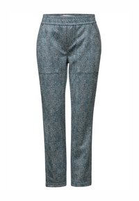 Blauwe textuurbroek met een visgraatpatroon, voorzien van een aansluitend ontwerp en een elastische tailleband. Middenkuitlengte met twee zakken.