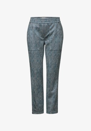 Strukturerede bukser i blå med et fiskebensmønster, der har en tætsiddende design og en elastisk talje. Midt-læg længde med to lommer.