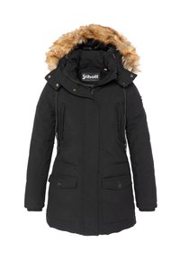 Parka negra de invierno con capucha con borde de piel, cremallera frontal, botones a presión y cuatro bolsillos, diseñada para proteger del clima frío.