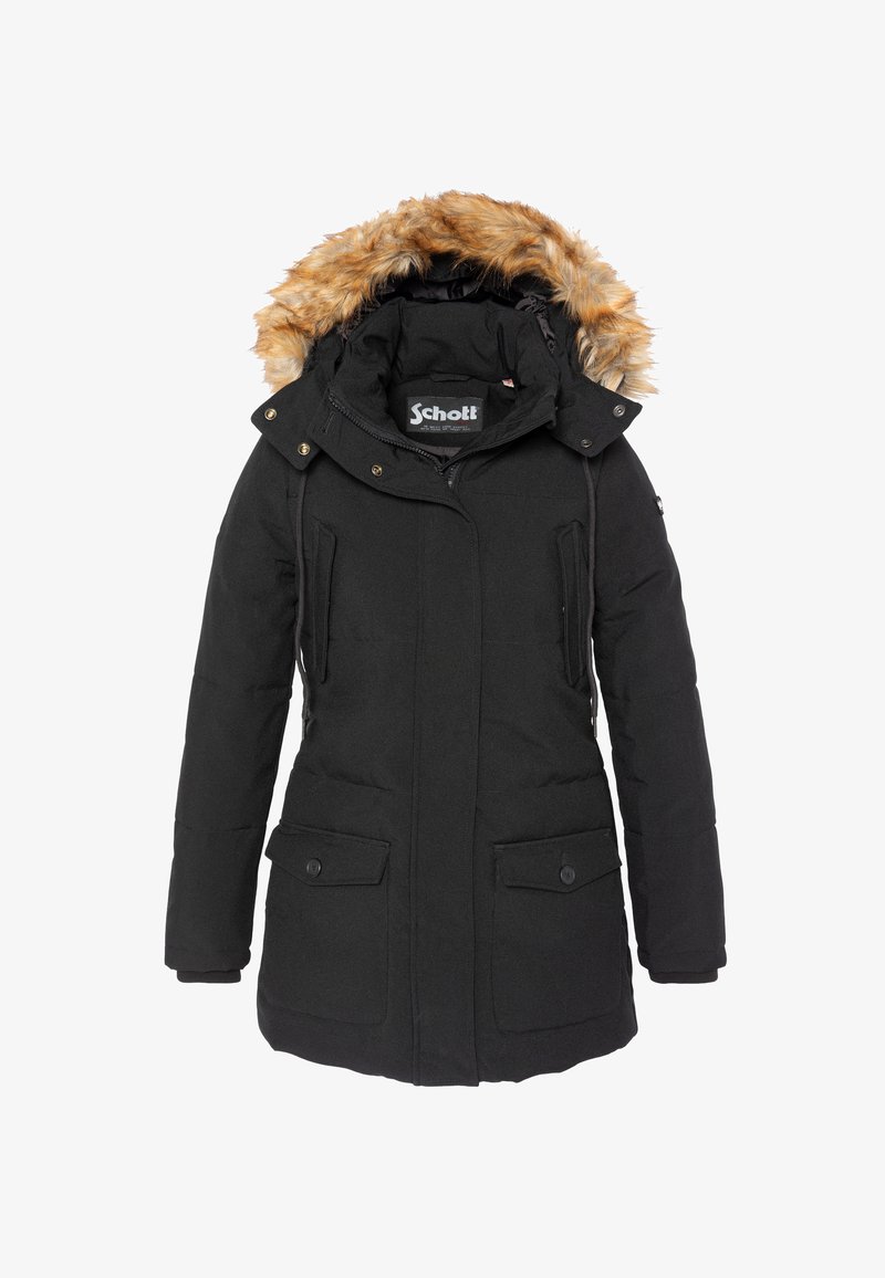 Parka negra de invierno con capucha con borde de piel, cremallera frontal, botones a presión y cuatro bolsillos, diseñada para proteger del clima frío.