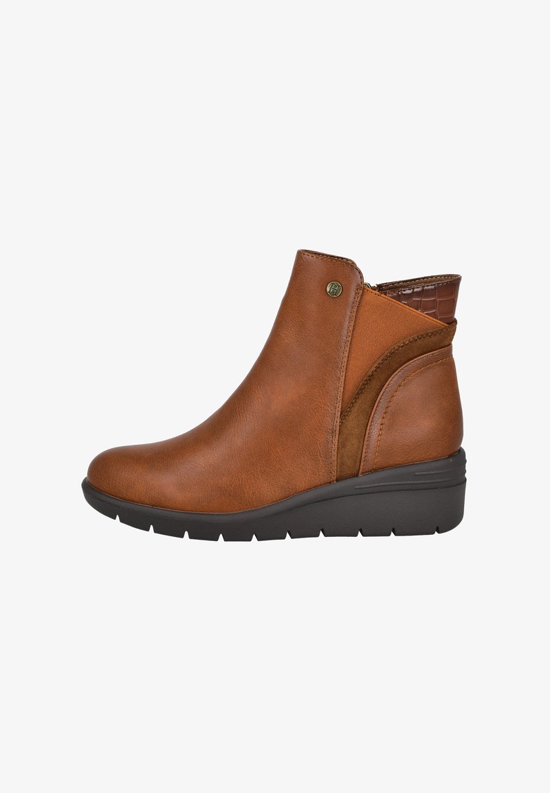 Botas de tobillo marrones con parte superior de cuero suave, parte trasera con textura en relieve de cocodrilo y suela de cuña de goma negra. Cierre de cremallera en el lateral.