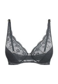 Black lace underwire bra with floral patterns, adjustable thin straps, and gold hardware on a white background.