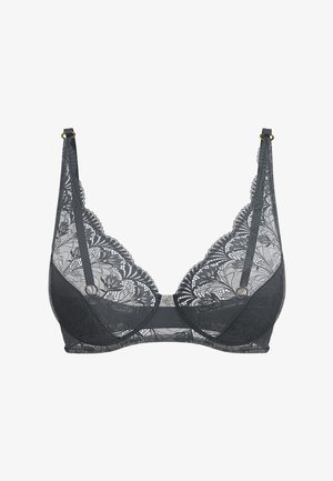 Schwarzer Spitzen-BH mit Unterbügeln und floralen Mustern, verstellbare dünne Träger und goldene Beschläge vor weißem Hintergrund.