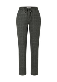 Gray checkered pants with an elastic waistband and drawstring. Made from a textured fabric, featuring a slim and tapered silhouette.