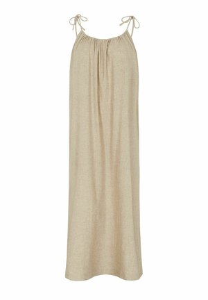 Bež maxi haljina bez rukava s naboranim izrezom na vratu i podesivim trakama za vezanje, izrađena od laganog teksturiranog tkanja.