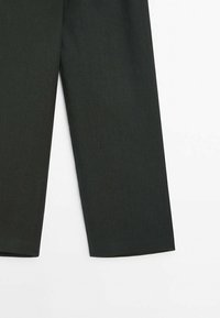 Dark green, tailored trousers with a smooth texture and straight-leg design. Features subtle stitching details and a clean hem.