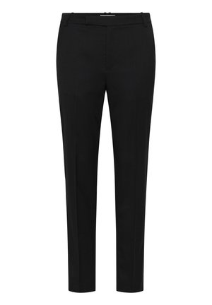 Pantaloni negri croiți cu bretele pentru curea, fermoar frontal și croială cu picior drept, expuși pe un fundal alb.