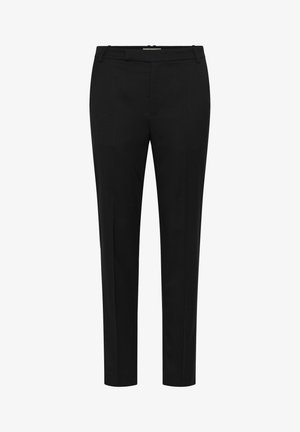 Pantaloni negri croiți cu bretele pentru curea, fermoar frontal și croială cu picior drept, expuși pe un fundal alb.