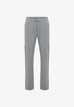 Pantaloni sportivi grigi realizzati in un tessuto morbido, con vita regolabile tramite cordino, gambe dritte e pannelli laterali neri per un effetto di contrasto.