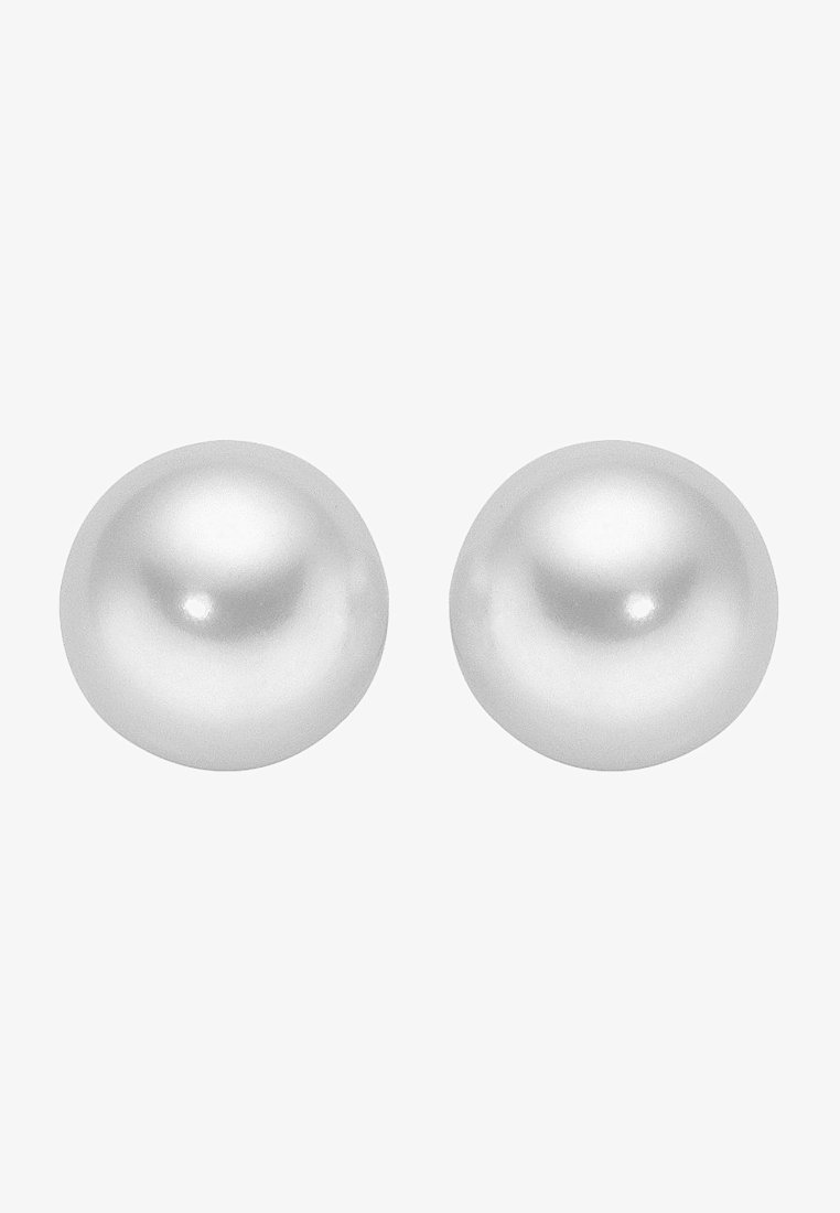 Two round, white pearls with a smooth, shiny surface, exhibiting a subtle luster. Each pearl is approximately uniform in size.
