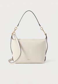 Helebeež nahast käekott mustade detailidega, reguleeritava õlakandmisrihma ja kuldsete metallosadega. Omab siledat tekstuuri ja esiküljel logo.