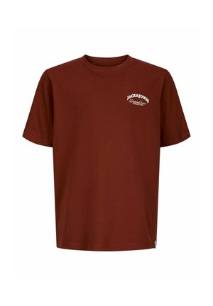 T-shirt marron à manches courtes et col rond avec un petit texte blanc "Jack & Jones Denim Crew Collective" imprimé sur le côté gauche de la poitrine.