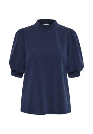 Laivastonsininen paita, jossa on korkea kaula-aukko ja lyhyet pöyhistetyt hihat, jotka päättyvät kapeisiin kalvosimiin, esitetty valkoisella taustalla.