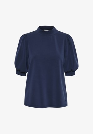 Marineblå bluse med høj halsudskæring og korte pufærmer, der ender i tætsiddende manchetter, vist på hvid baggrund.
