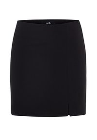 Černá mini sukně z látky s rovnou siluetou a bočním rozparkem. Hladký povrch a minimalistický styl bez dalších vzorů nebo akcentů.