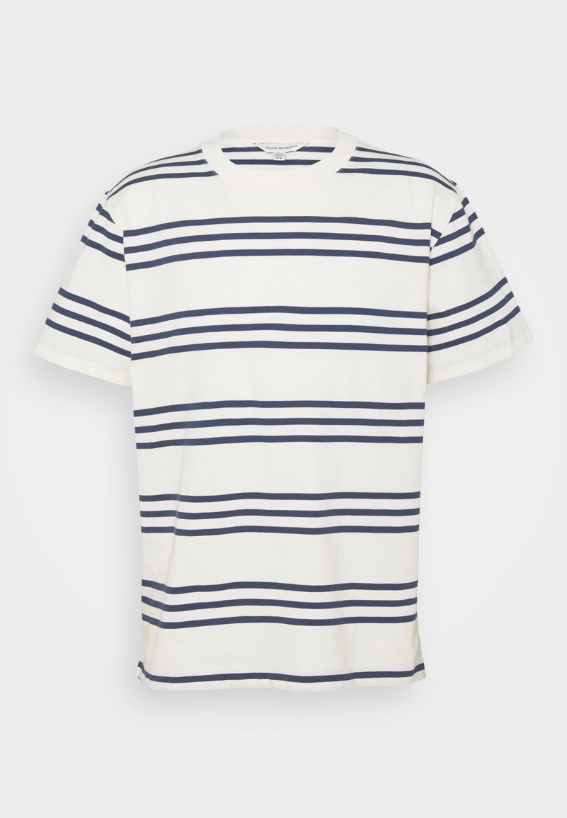Cotton t-shirt with navy blue horizontal stripes on a cream background. Features a crew neckline and short sleeves.