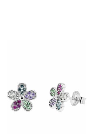 Orecchini a bottone a forma di fiore in argento, con petali impreziositi da pietre multicolori tra cui viola, verde, blu, rosa e pietre trasparenti.