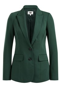 Grön kavaj i slät tyg, med spetsig krage, två framfickor och två svarta knappar framtill.