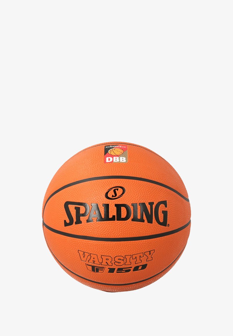 Spalding Varsity 150 Basketball, orangefarbene Gummioberfläche, strukturierte Oberfläche, schwarze Markenzeichen und DBB-Logo, standardrund.